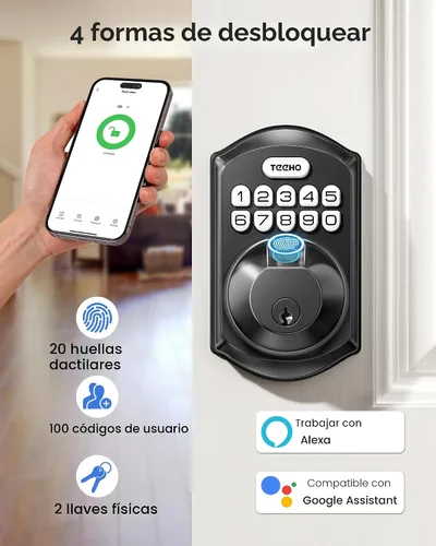 Vista 4 de TEEHO TE012W - Cerradura inteligente WiFi, cerradura de puerta con huella dactilar con Wi-Fi incorporado, cerradura inteligente sin llave