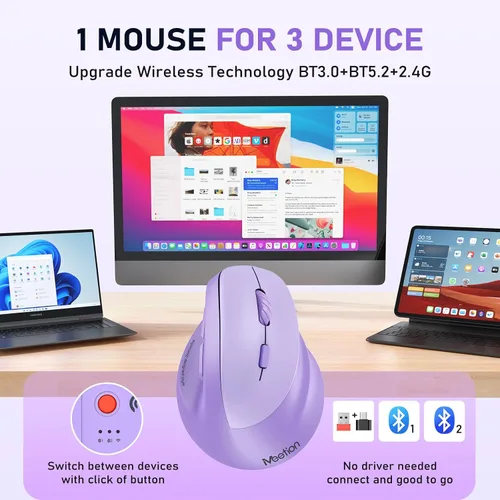 Vista 3 de MEETION Ratón ergonómico, mouse vertical inalámbrico con retroiluminación RGB, mouse recargable para Bluetooth (5.2 + 3.0) y USB-A con adaptador