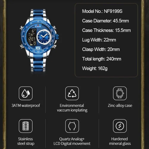 Vista 6 de NAVIFORCE Reloj para hombre reloj de cuarzo digital de doble pantalla multifuncional de acero inoxidable