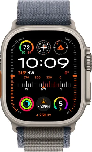 Vista 2 de Apple Watch Ultra 2 [GPS + Celular 49 mm] Reloj inteligente con carcasa de titanio resistente y correa Blue Alpine Loop pequeña. Rastreador