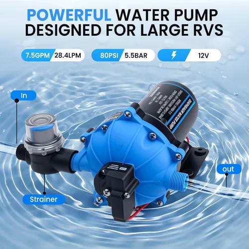 Vista 11 de Bomba de agua RV de 12 V, bomba de diafragma de 5 cámaras de 7.5 GPM 80PSI, autocebante con interruptor de presión resistente y colador para RV
