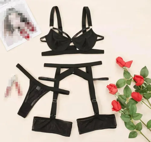 Vista 3 de Conjunto de lencería de 3 piezas sexy de encaje negro transparente con tirantes ajustables y brasier acolchado con aros