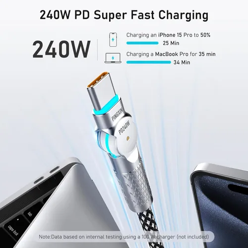 Vista 3 de Cable USB C de 3.3 pies, 240 W, trenzado, giratorio de 180°, USB C a USB C, cable USB 2.0, tipo C, cable de carga para iPhone 16/16Pro/16Plus/16Pro