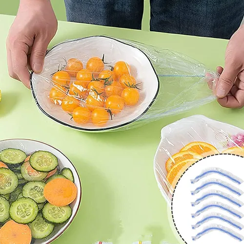 Vista 2 de AKOAK Bolsas desechables para almacenamiento de alimentos (aproximadamente 200), película adhesiva, reutilizables, tapa elástica de plástico