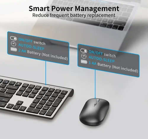 Vista 6 de Teclado y mouse inalámbricos, teclado de computadora plano delgado de tamaño completo y mouse óptico silencioso de 2400 DPI con dongle de 2.4 GHz