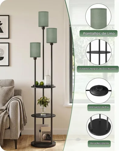 Vista 4 de Lámpara de pie con estantes, moderna lámpara de pie con 3 pantallas de lino e interruptor de pie, lámpara de pie de 3 luces, para sala de estar