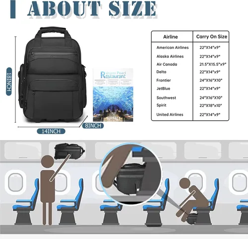 Vista 2 de OZUKO Bolsa de equipaje de mano debajo del asiento para aviones de 18 x 14 x 8, bolsa de artículos personales para Spirit Airlines con ruedas, Negro