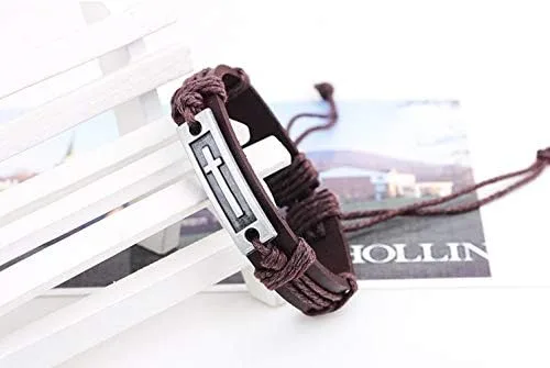 Vista 3 de COLORFUL BLING Pulsera de cuero cruzado estilo cruzado diseño multicapa acero inoxidable moda hombres pulsera de cuero clásico regalo para hombres 2