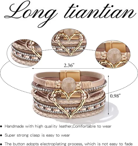 Vista 6 de Long tiantian Pulseras de cuero para mujer, pulseras de corazón de moda para mujer, pulseras apilables para mujer, pulseras modernas de infinito