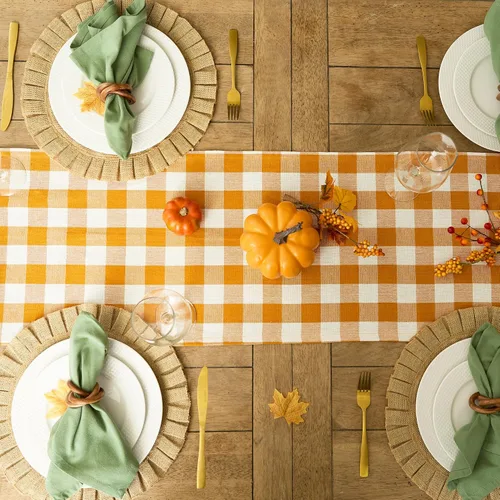 Vista 2 de DII - Colección de mesa con flecos pesados y cuadros, camino de mesa, 14x72 pulgadas, calabaza y especias Naranja
