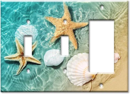 Vista 9 de Art Plates - Placa de interruptor de combinación de dos bandas - Toma de corriente - Palanca - Conchas de mar y peces estrella en piscina de mareas