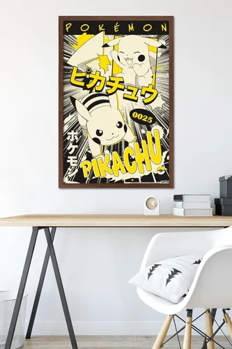 Vista 6 de Trends International Pokémon - Póster de pared de anime Pikachu, 22.37 x 34.00 pulgadas, versión enmarcada de caoba