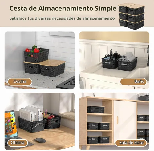 Vista 5 de Contenedores de almacenamiento de plástico con tapas de bambú, canastas pequeñas apilables para organización y contenedores para estantes, cajones