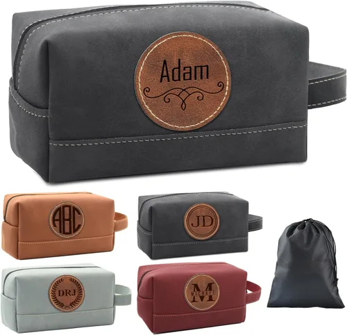 Vista 12 de Paquete de 2 bolsas de aseo personalizadas para hombres hechas a mano, kit de cuero personalizado para hombres, regalos personalizados para hombres