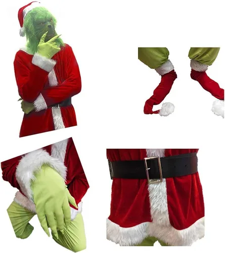 Vista 4 de Etokfoks Disfraz de Papá Noel de Navidad, 7 piezas de disfraz de monstruo verde para cosplay de adultos
