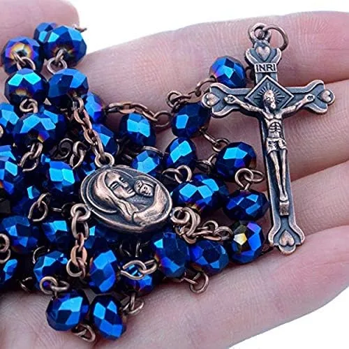 Vista 6 de Nazareth Store Collar de rosario de cuentas de cristal azul profundo, oración católica Jerusalén, medalla del suelo sagrado, cruz Tierra Santa