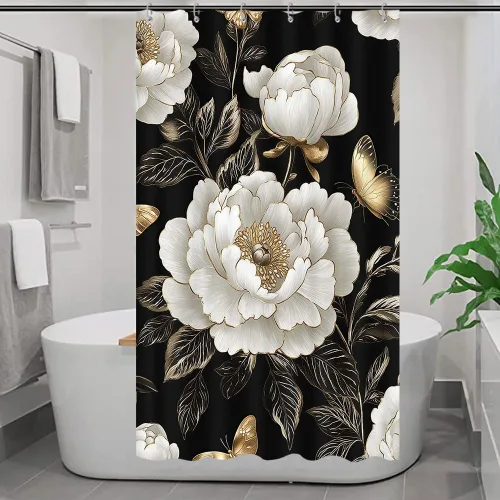 Vista 32 de Cortina de ducha de mariposa floral negra y dorada, cortina de ducha bohemia con diseño botánico de flores oscuras para baño con gancho, juego