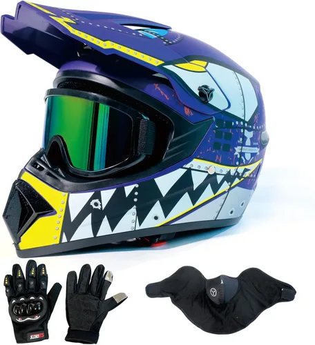 Vista 8 de Casco de motocross DOT Dirtbike ATV Motocicleta Bicicleta de Montaña Casco de cara completa con gafas y guantes, máscara rojo brillante Tormenta S