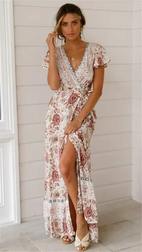 Vista 3 de PRETTYGARDEN Women Boho Summer Side Split Deep V Neck Short Sleeves Maxi Dress with Belt