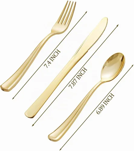 Vista 2 de bUCLA 600 cubiertos de plástico dorado – Utensilios dorados desechables – Juego de cubiertos de plástico resistente – 200 tenedores, 200 cucharas