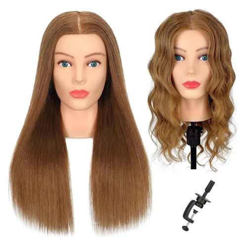 Vista 14 de Cabeza de maniquí de cabello humano, 80% cabello real, maniquí para cosmetología, con soporte de trípode para práctica de peinado, trenzado y Ámbar
