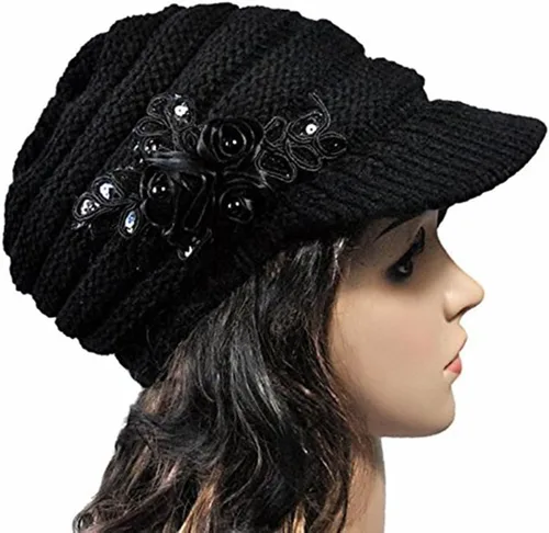 Vista 93 de C-US - Gorro de punto cálido para mujer, con visera de ganchillo con acento de flores
