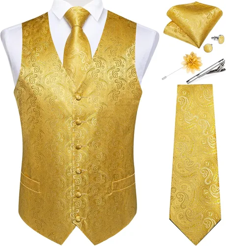 Vista 23 de DiBanGu Juego de chaleco y corbata para hombre, chaleco formal de cachemira y corbata con bolsillo cuadrado y gemelos, de seda, para traje o Verde