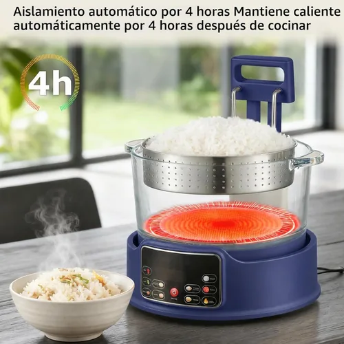 Vista 4 de Arrocera baja en azúcar 3L – Cocina multifuncional de arroz baja en carbohidratos r con cesta de elevación automática, preajuste y temporizador Azul
