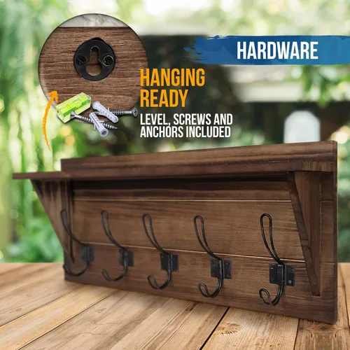 Vista 3 de HBCY Creations Perchero de pared de madera maciza color marrón rústico con estante, 5 ganchos, 24 pulgadas de largo, cocina, vestíbulo, entrada