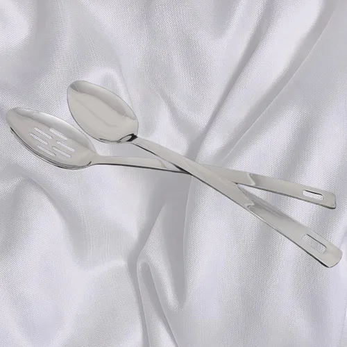Vista 5 de Cuchara de servir de acero inoxidable de mango largo de 14.5 pulgadas, cucharas ranuradas, cuchara de cocina, cuchara de cocina (juego de 2)