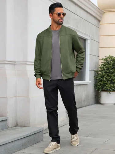 Vista 5 de Runcati Chaqueta bomber de gamuza para hombre, con cremallera completa, casual, softshell, chaqueta universitaria, ligera, vintage, abrigo de otoño