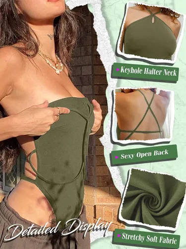 Vista 3 de Dlsave Strappy Bodysuit for Women, Halter Lace Bodysuit Sleveless Cami Tops