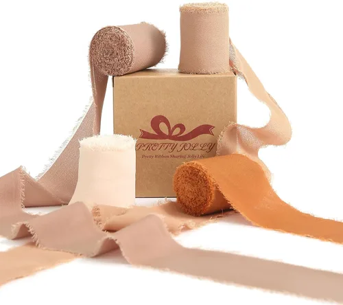 Vista 22 de Pretty Jolly Cinta de gasa beige para envolver regalos, 3 rollos de 2 pulgadas x 7 yardas, cinta de tela de seda hecha a mano con flecos para ramo