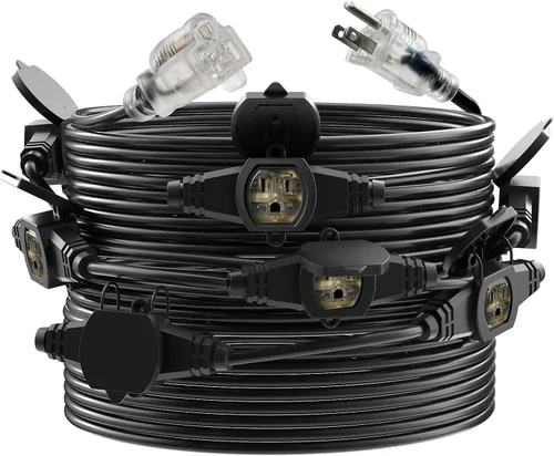 Vista 11 de Cable de Extensión de Corriente de 25 Pies con 3 Clavijas, Cable SJTW Calibre 12 5-15R de Enchufe Macho a Conector Hembra, 7 Tomacorrientes