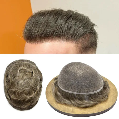 Vista 32 de Completo suizo encaje tupé para hombres pieza de pelo real sistema de reemplazo de cabello humano para hombres Toupee Hairpieces para hombres 7x9