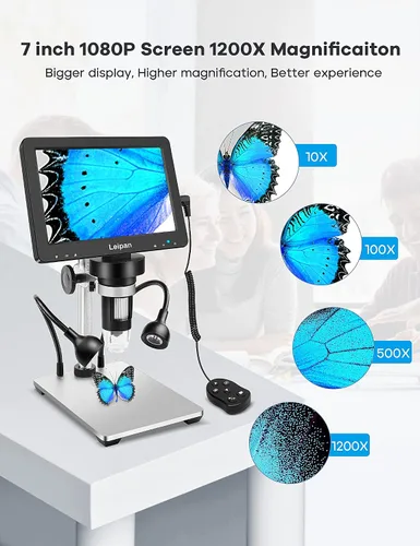 Vista 8 de Microscopio digital LCD de 7 pulgadas 1200X, microscopio Leipan de moneda de 12 MP con pantalla para adultos, microscopio de video 1080P con tarjeta