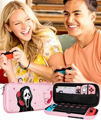 Vista 6 de Xinocy Kit de accesorios de almacenamiento 9 en 1 para Nintendo Switch con funda de transporte de viaje, funda protectora para interruptor+soporte