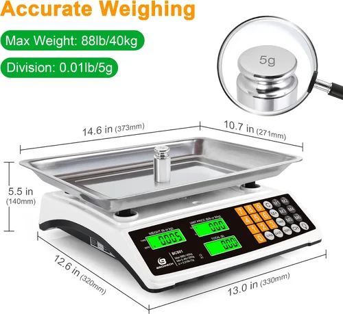 Vista 4 de Báscula de cálculo de precios 88lb/40kg Báscula comercial de alimentos para productos agrícolas y carne con plataforma grande de acero inoxidable