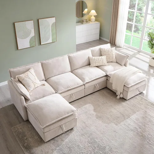 Vista 15 de Sofás modulares de nube seccionales de 85.83 pulgadas para sala de estar, sofá modular moderno con otomana de almacenamiento, sofá de nube de Beige