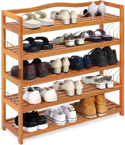 Vista 10 de Giantex Zapatero de 5 niveles, estante de madera de acacia con ganchos laterales de metal, capacidad para 12-18 pares, organizador de zapatos