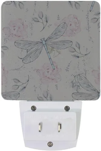 Vista 2 de Lámpara de noche LED enchufable con sensor de luz, libélulas florales grungy, luz blanca, paquete de 2 unidades, para pasillo, baño, dormitorio