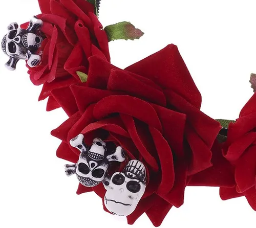 Vista 7 de ITODA Diadema de calavera de flores rojas, araña, Halloween, gótico, mexicano, día de muerto, tiara, cosplay, disfraz, guirnalda, fiesta, corona