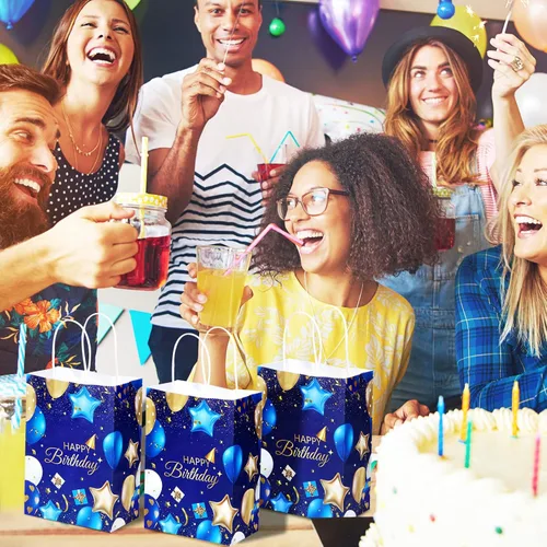 Vista 7 de Frienda 24 bolsas de regalo de cumpleaños con asas, color azul marino y dorado, bolsas de regalo de feliz cumpleaños para hombres y mujeres