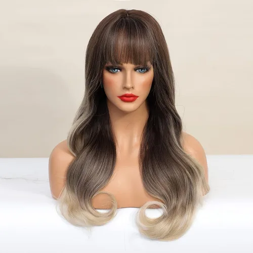 Vista 6 de Peluca marrón con flequillo para mujer, peluca larga ombré marrón oscuro, peluca sintética ondulada con raya en medio, cabello natural resistente al