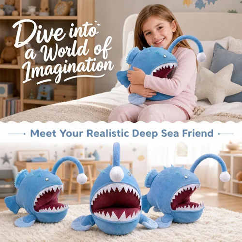 Vista 4 de Juguete de peluche de pez pescador – Lindo pez pescador azul de 12 pulgadas, juguetes de peluche real de la vida marina, pez linterna, juguetes