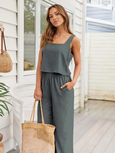 Vista 5 de AUTOMET 2 Piece Summer Outfits for Women Casual Lounge Matching Sets Linen Crop Top Long Pants 2024 Fashion Clothes