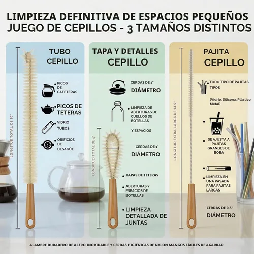 Vista 6 de ALINK Juego de cepillos largos extra grandes para botellas – Limpiador de botellas con mango de bambú de 16/15 pulgadas de largo para botellas