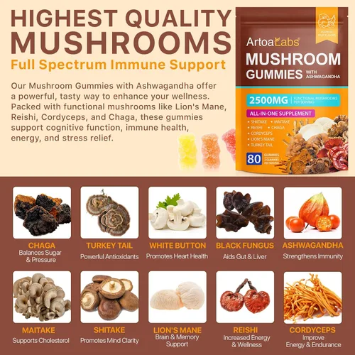Vista 5 de Gomitas de hongos de 2500 mg - Suplemento de hongos con Reishi, Cordyceps, melena de león, apoyo inmunológico, enfoque, memoria, energía, cápsulas
