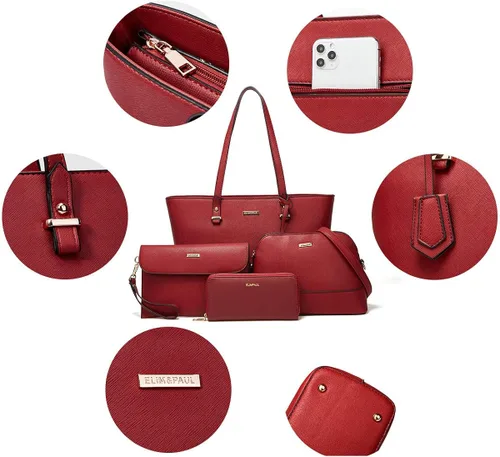 Vista 3 de Juego de 4 bolsas de cuero sintético para mujer, bolsa de hombro, asa superior, cartera