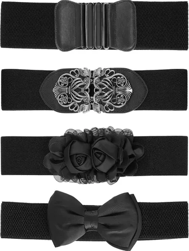 Vista 2 de Cinturón de cintura vintage para mujer, 4 piezas, elástico, retro, con cincha para jeans, pantalones, vestidos